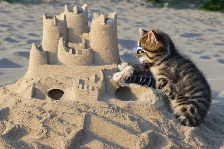 Image similar to kittens touching a sand castle