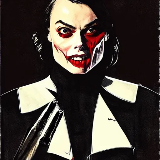 Image similar to Rafael Albuquerque art, Norman Rockwell, pretty Margot Robbie vampire sharp teeth evil smile, 5 long sharp fingers, symmetrical face symmetrical eyes, leather jacket, jeans