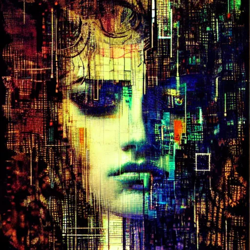 Image similar to portrait of a beautiful woman, crying, glitch effects over the eyes, shadows, by Guy Denning, by Johannes Itten, by Russ Mills, centered, glitch art, hacking effects, chromatic, cyberpunk, color blocking, oil on canvas, concept art, abstract