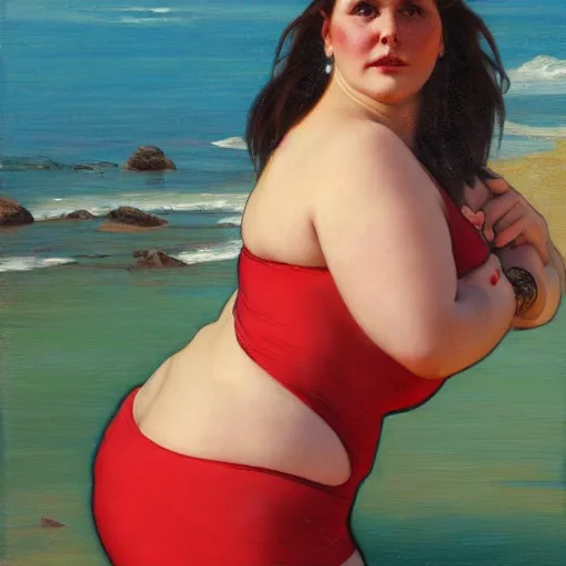 Image similar to portrait of cute 2 0 years old obese courtney cox in red swimsuit sitting on a beach, intricate, hyperdetailed, photorealistic, diffuse lighting, hdrp, artstation, unreal 5, smooth, textless, sharp focus, art by john collier, albert aublet, krenz cushart, artem demura, alphonse mucha