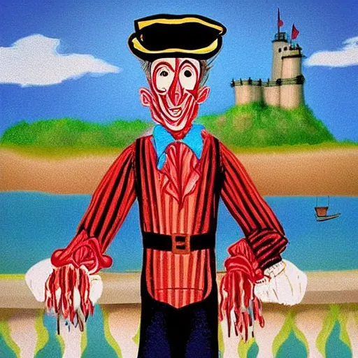 Prompt: “Walt Disney dressed like Freddy Krueger on a pirate ship sailing over Niagara Falls, in the style of artist Henri Rousseau.”