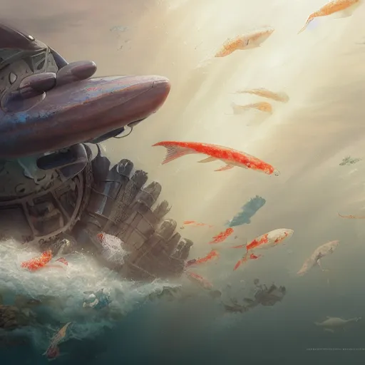 Image similar to subsurface scattering, white, giant submarine, koi colors, koi less, octane render, jesper ejsing, justin gerard, james jean, tomasz alen kopera, cgsociety, fenghua zhong, makoto shinkai, highly detailed, rim light, art, cinematic lighting, very coherent, hyper realism, 8 k