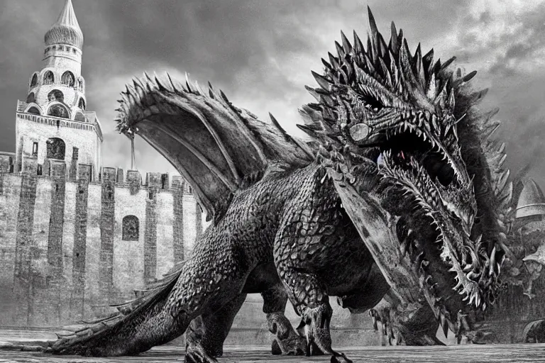 Prompt: Historical photo of Dragon from Game of Thrones in Russian Kremlin, photorealism