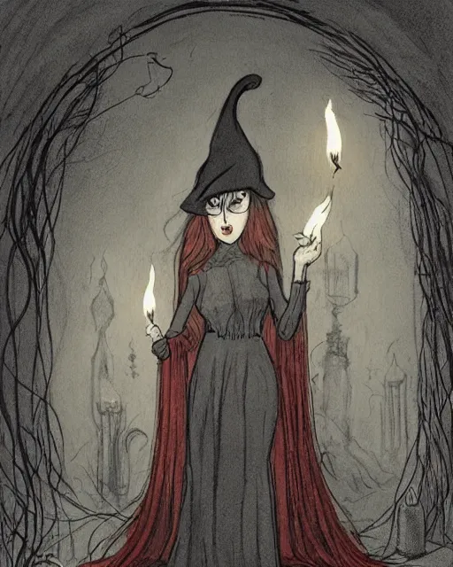 Prompt: a mystical witch in a black shawl, surrounded by lit red candles floating in the air, in an underground dungeon. by abigail larson