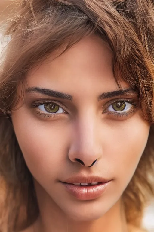 Image similar to olive skinned female model in her twenties, wearing v - neck top, zoomed in, photo realistic, extreme detail skin, natural beauty, no filter, slr, golden hour, 4 k, high definition, selfie