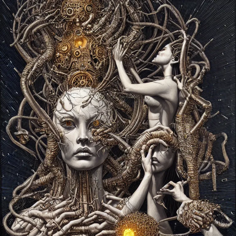 Image similar to Goddess of the golden harvest painting by Dan Hillier and H. R. Giger and Greg Rutkowski, intricate, highly detailed, trending on artstation, artstationHD, artstationHQ, 4k, 8k, sharp, rich vivid colors