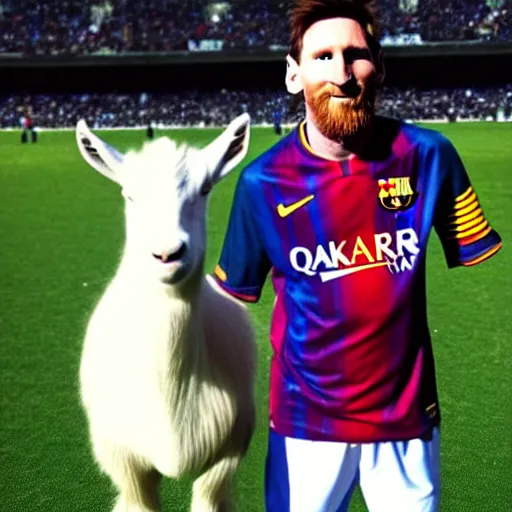 Image similar to lionel messi standing beside a majestic goat, intricate, elegant, highly detailed