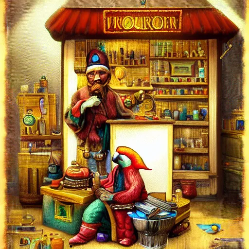 Image similar to Anthropomorphized parrot trader in his shop, selling his wares, portrait, items, gold, magic potions, carpet, window, sly expression , cunning expression, cute expression, cute eyes, presenting wares, holding a gold bag, D&D, fantasy, cinematic lighting, highly detailed, digital painting, artstation, concept art, smooth, sharp focus, illustration, warm light, cozy warm tint, magic the gathering artwork, volumetric lighting, 8k, art by Akihiko Yoshida, Greg Rutkowski