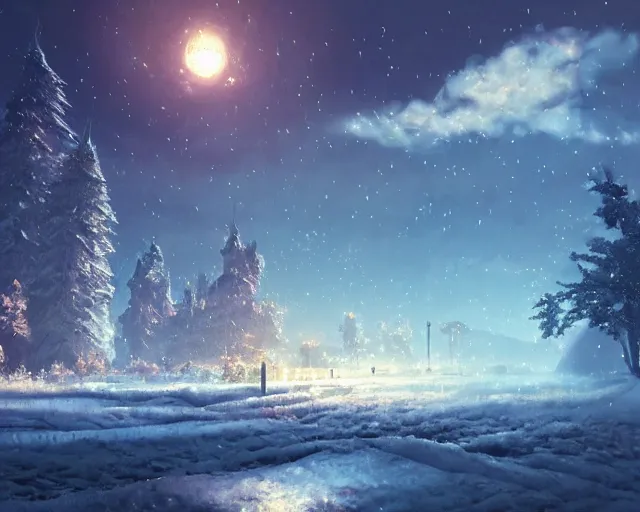 Prompt: scenery artwork, scene beautiful, light!! light essential cozy winter snow world snow and night, surrealism oil on canvas, artstation!! pixiv!! dream scenery, quality astral projection render, nier automata concept art, vaporwave textures