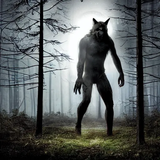 Image similar to photo of a human partially transforming into a werewolf, in the moonlit forest. physiological transformation ; hybrid creature. highly - detailed ; photorealistic.