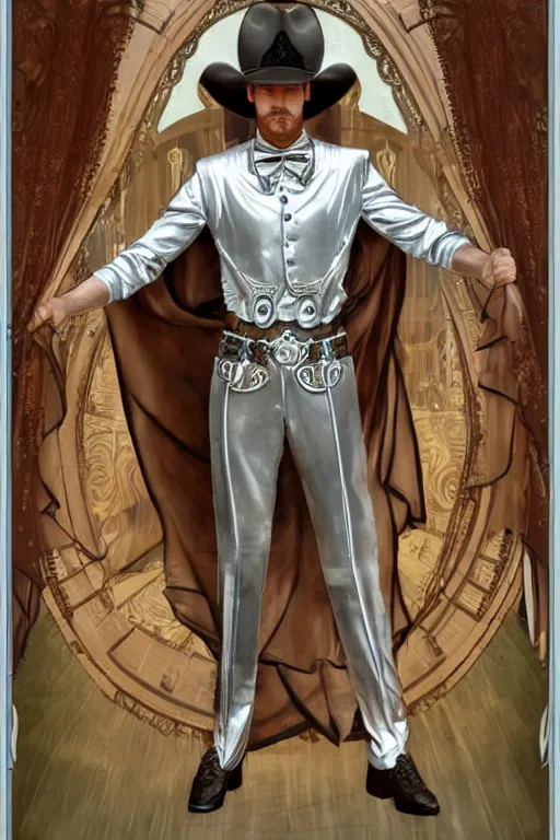 Prompt: a dramatic ethereal epic symmetrical painting of a handsome cowboy in a silver outfit | tarot card, art deco, art nouveau, (steampunk), homoerotic, realistic | by Mark Maggiori and ((((Alphonse Mucha))) | trending on artstation