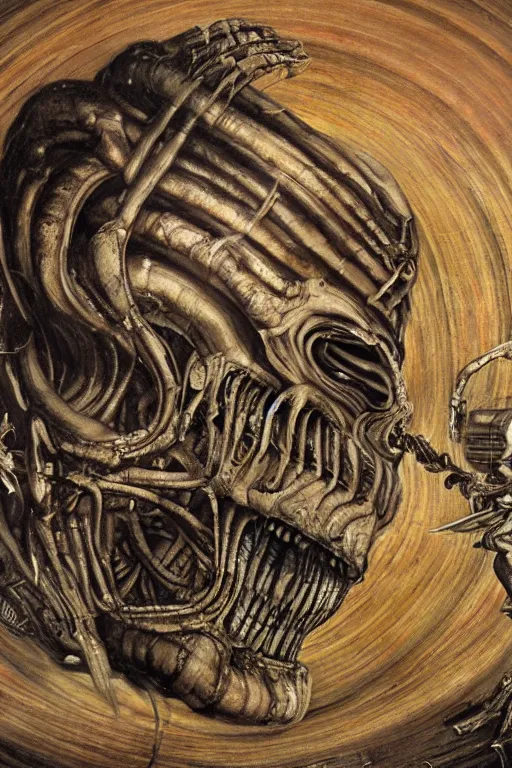 Prompt: saturn devouring his son painted in the syle of giger, giger art, wall painting, extremely detailed, 4 k