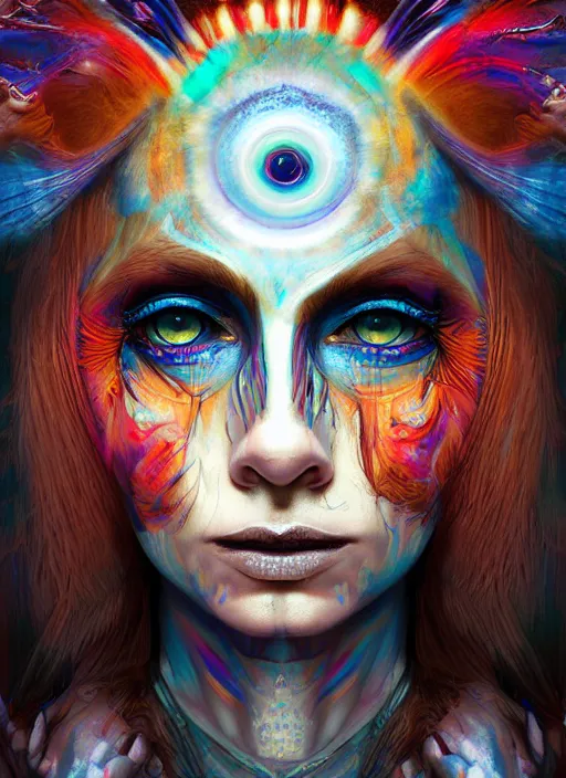 Prompt: tripping magic cult psychic woman, painted face, third eye, energetic consciousness psychedelic, epic surrealism expressionism symbolism, ultra high definition, unreal engine 5, volumetric lighting cinematic ray trace photorealism, symmetrical face, dark myth mythos, by sandra chevrier, masterpiece
