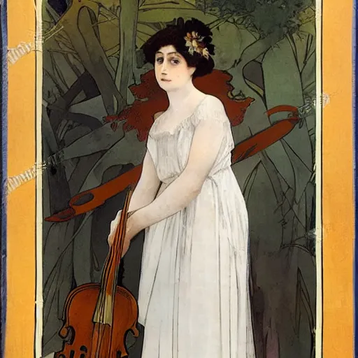 Image similar to A young edwardian woman wearing a white dress, holding a violin in her hands, in the style of mucha