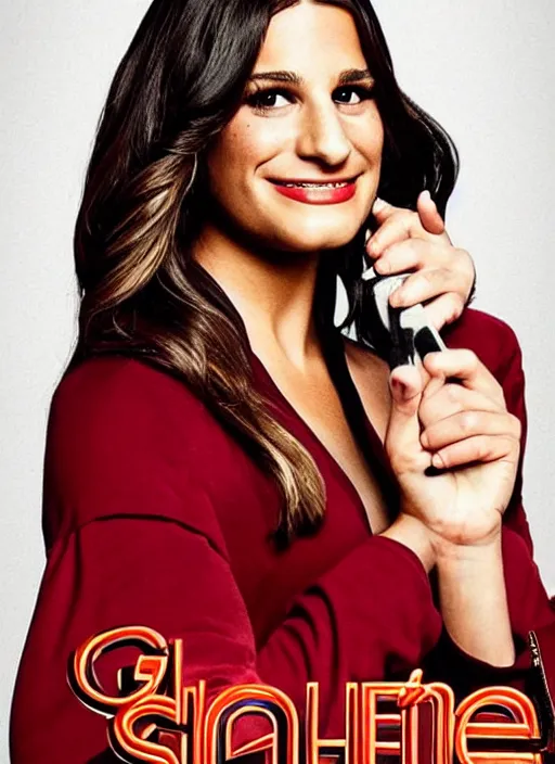 Image similar to glee sequel poster where rachel berry is the villain, evil bloody serial killer lea michele in rags with knife cackling maniacally, with text, dark disturbing version of glee, airing in 2 0 2 3, high quality detail, close - up of rachel's face