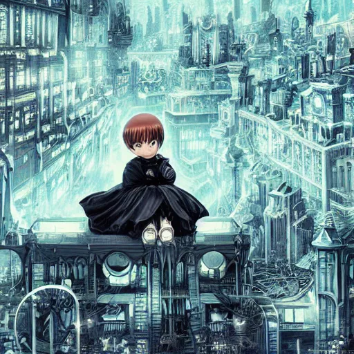 Image similar to young sad victorian gothic manga child with big eyes and wide grin sitting on a sofa of bones surrounded by a cyber futuristic cityscape made of human body parts, digital matte illustration by dan mumford, ultra detailed, 8 k resolution, beautiful lighting, expansive detailed layered city, landscape