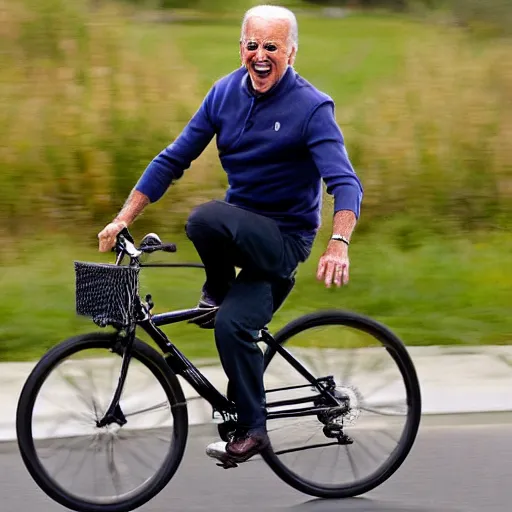 Image similar to ultra realistic photo of joe biden falling off of his bike, film, perfect face, in the style of a candid photo