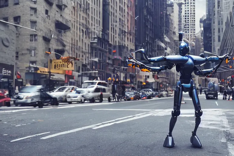 Image similar to VFX movie of a flying dark futuristic robot cyborg superhero with 6 arms levitating on New York street, atmospheric , by Emmanuel Lubezki