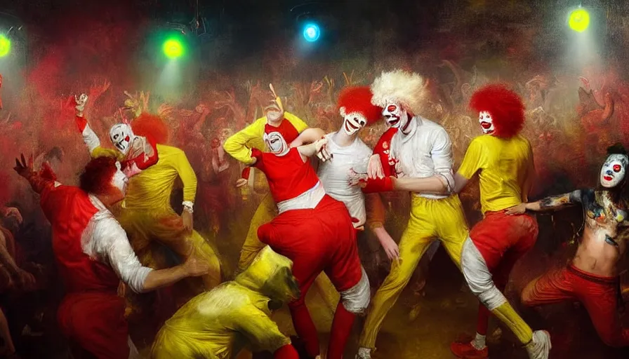 Prompt: highly detailed painting of a group of ronald mcdonalds with red afros, white facepaint, red noses and yellow tracksuits dancing at a cyber nightclub rave by william turner, by greg rutkowski, by william constable, thick brush strokes and visible paint layers, 4 k resolution