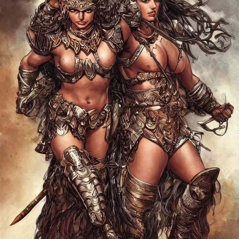 Image similar to a young britney spears as an amazon warrior, a tall beautiful woman with brown skin and long hair, dressed in hellenistic body armor, intricate, elegant, highly detailed, smooth, sharp focus, detailed face, art by ardian syaf