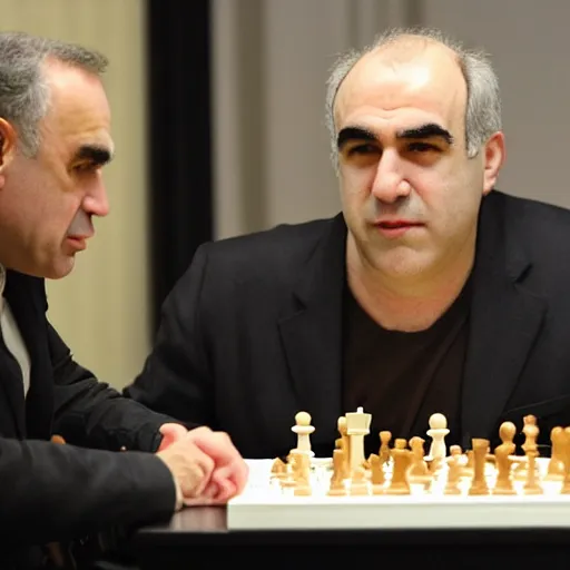 Image similar to a mallard duck playing chess against gary kasparov and winning!