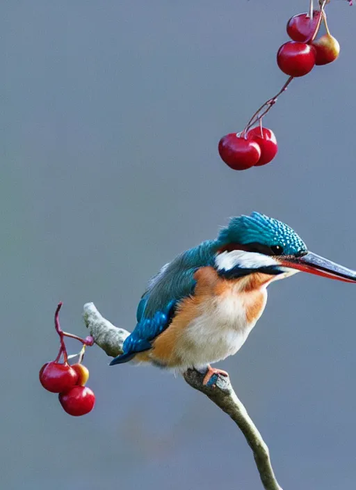 Prompt: a kingfisher sitting on a cherry playing the flute
