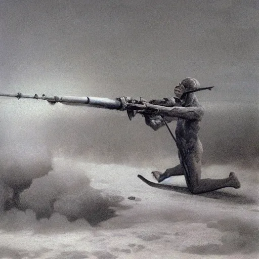 Image similar to cannon firing by Zdzisław Beksiński, oil on canvas