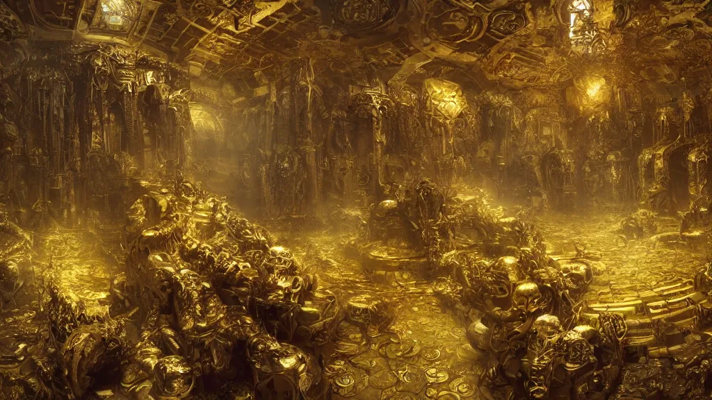 Prompt: halls of Valhalla covered in gold and skulls, decorated with snakes and runes, digital art by Ruan Jia, Rudolf Béres, James Zapata, Jamey Jones