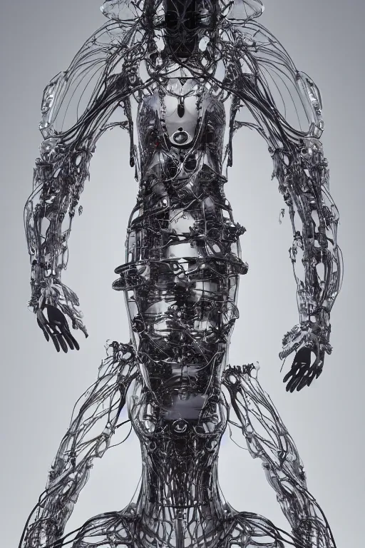 Image similar to background space station, baroque inflateble dress iris van herpen positing on floor, helmet instead of a head, perfect symmetrical, full body shot, inflateble shapes, wires, tubes, veins, jellyfish, white biomechanical details, wearing epic bionic implants, masterpiece, intricate, biopunk, vogue, highly detailed, artstation, concept art