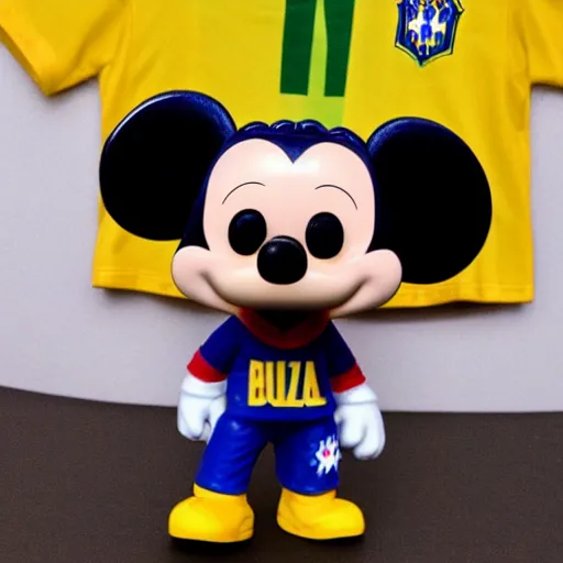 Prompt: Funko Pop of Mickey wearing a Brazilian National Team t-shirt.