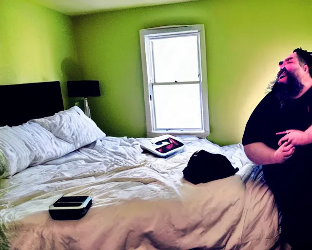 Image similar to very fat man connected to a cpap machine. messy bedroom