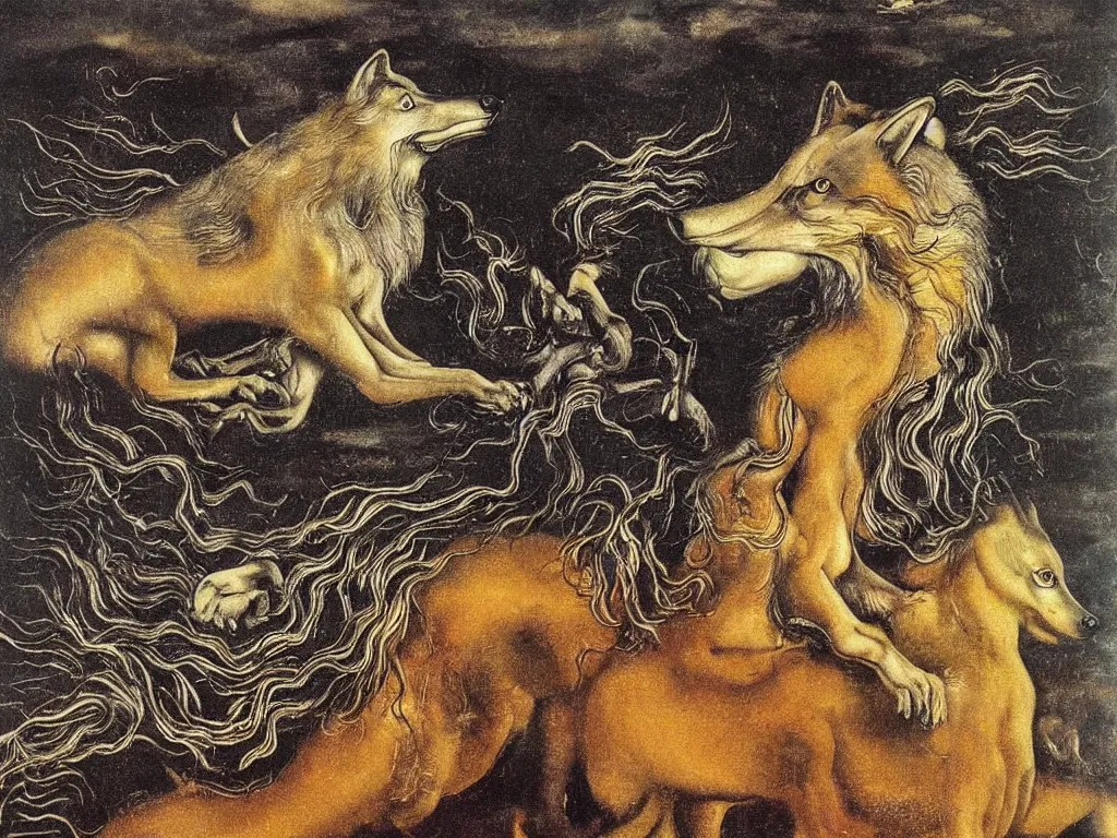 Prompt: wolf in heavy rainstorm. painting by salvador dali, lucas cranach