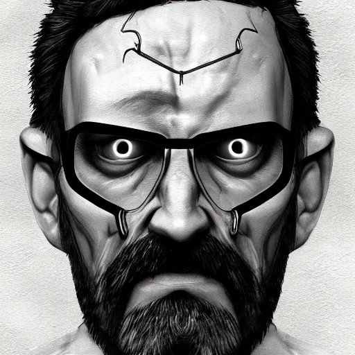 Prompt: Gordon Freeman from Half-Life, gritty, highly detailed, trending on ArtStation