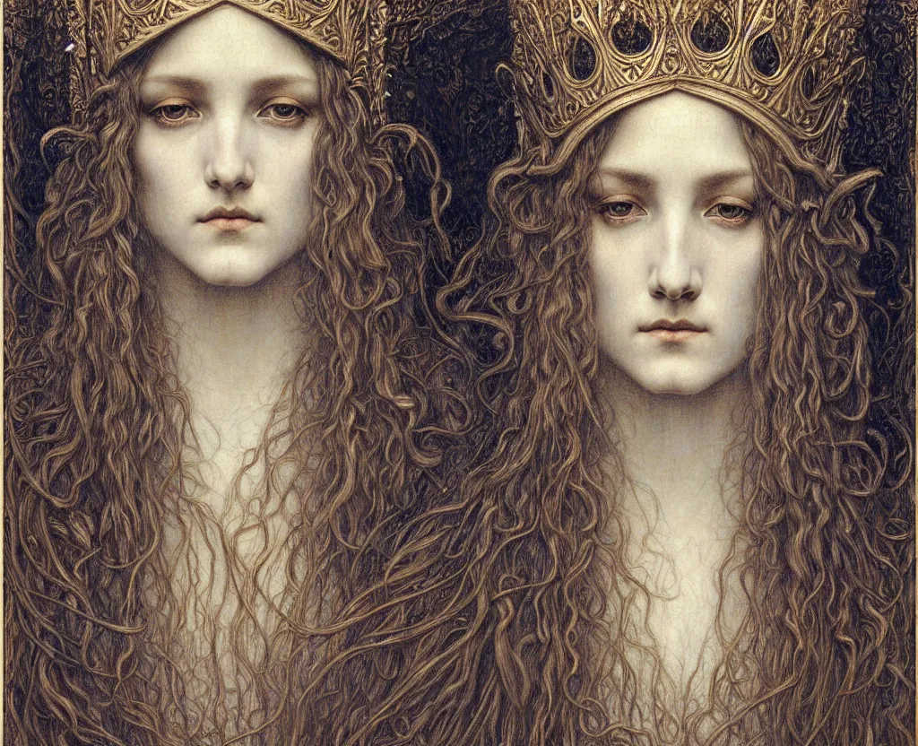 Image similar to detailed realistic beautiful young medieval queen face portrait by jean delville, gustave dore and marco mazzoni, art nouveau, symbolist, visionary, gothic, pre - raphaelite. horizontal symmetry