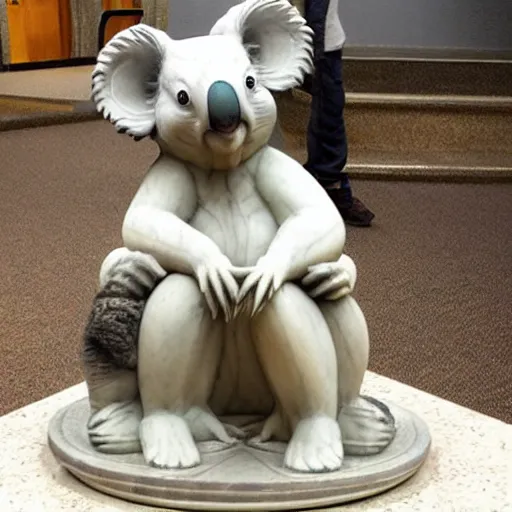 Image similar to a marble statue of a koala dj in front of a marble statue of a turntable. the koala has wearing large marble headphones.