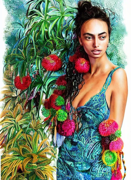 Image similar to beautiful portrait of Irina Shayk wearing fantastic Hand-dyed cotton dress,embellished beaded feather decorative fringe knots ,colorful pigtail,subtropical flowers and plants,symmetrical face,mediterranean,intricate,elegant,highly detailed,8k,post-processing,digital painting,trending on pinterest,harper's bazaar,concept art, sharp focus, illustration, by artgerm,Tom Bagshaw,Lawrence Alma-Tadema,greg rutkowski,alphonse Mucha