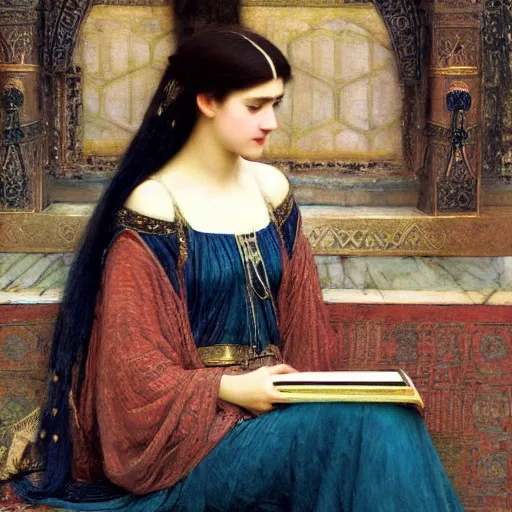 Prompt: orientalist portrait of a sad princess holding an iridescent ancient book intricate portrait by john william waterhouse and Edwin Longsden Long and Theodore Ralli and Henryk Siemiradzki, very coherent symmetrical artwork. Cinematic, hyper realism, high detail 8k