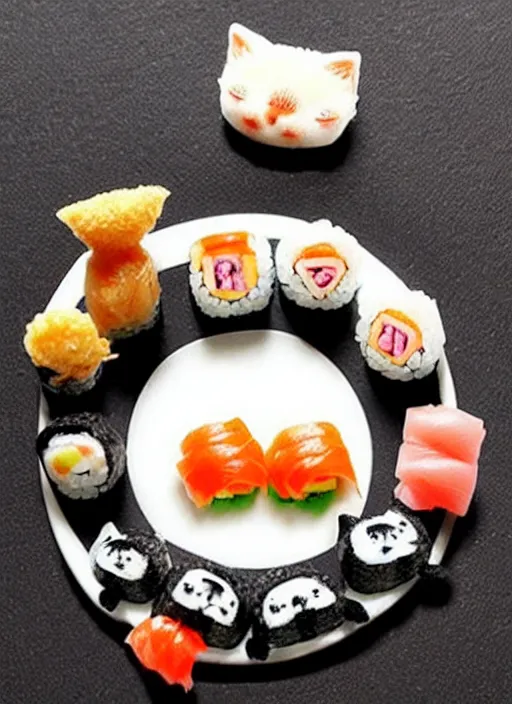 Image similar to clear surrealist painting of tiny adorable cats made from sushi rice, sitting on sushi plates with sushi, garnish, wasabi and soy sauce