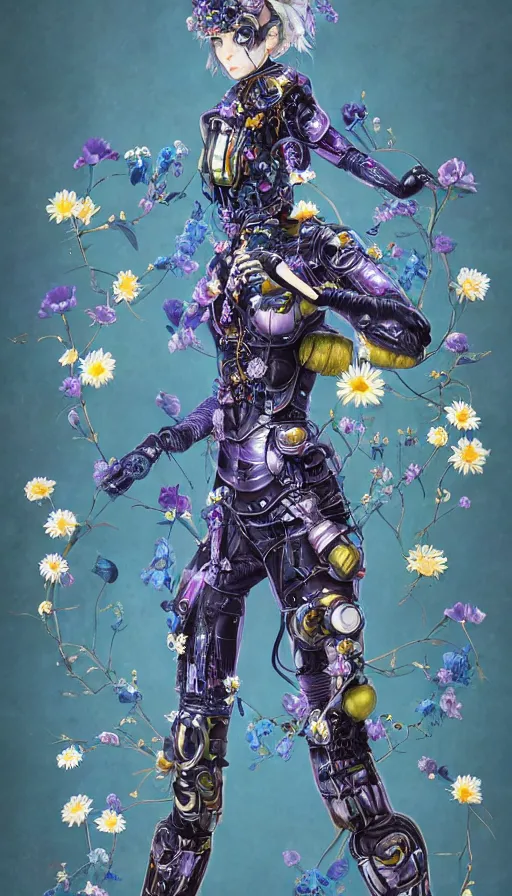 Prompt: full body head to toe portrait of a flowerpunk sci-fi cyborg ninja, third person, D&D, sci-fi fantasy, intricate, blue and gold, daisy and rose and miniature peony, highly detailed, art by Range Murata, highly detailed, 3d, octane render, bright colors, digital painting, trending on artstation, sharp focus, illustration style of Stanley Artgerm, dramatic background