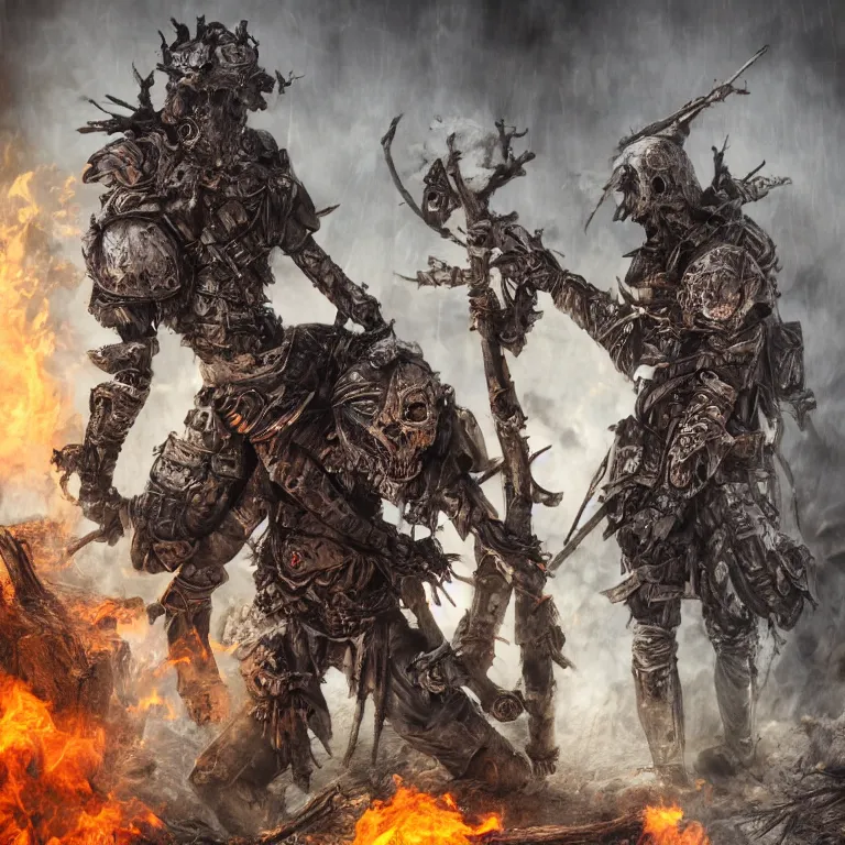 Image similar to undead armoured soldiers in burned forest full of smoke, fantasy style, highly detailed, smooth, sharp focus, character portrait, portrait, concept art, intricate details, medieval poster, dark athmosphere, 8 k. lifelike. nikon d 8 5 0