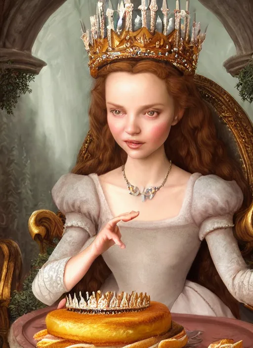 Image similar to highly detailed closeup, low - poly hands, portrait of a fairytale medieval princess wearing a crown and sitting on a throne eating cakes, unreal engine, nicoletta ceccoli, mark ryden, earl norem, lostfish, global illumination, god rays, detailed and intricate environment