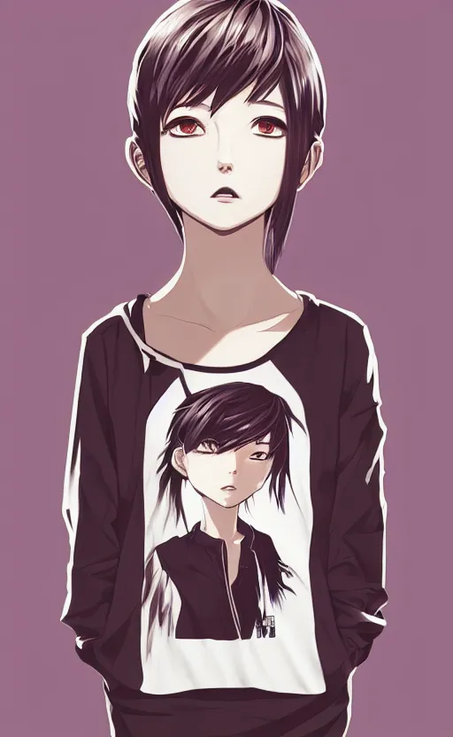Image similar to shirt art, logo graphic design, manga style, short neck, realistic lighting, futuristic solid colors, made by ilya kuvshinov, sold on sukebannyc, from arknights, front portrait of a girl, jpop clothing, sneaker shoes, simple icons in background