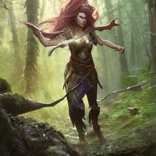 Prompt: Female elven warrior with magical energy swirling around her in a forest, by greg rutkowski and thomas kinkade, Trending on artstation.
