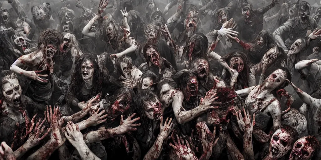 Image similar to epic scene of zombie moshpit, post-apocalyptic, post-human, dramatic, highly detailed, sharp focus, 8k, 35mm, cinematic lighting