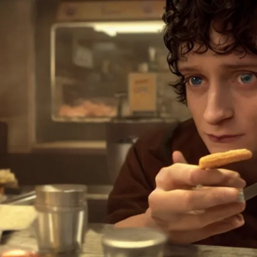 Prompt: film still of frodo working at mcdonalds in the new batman movie, high detail shot, smoking, render, cgsociety, photorealism