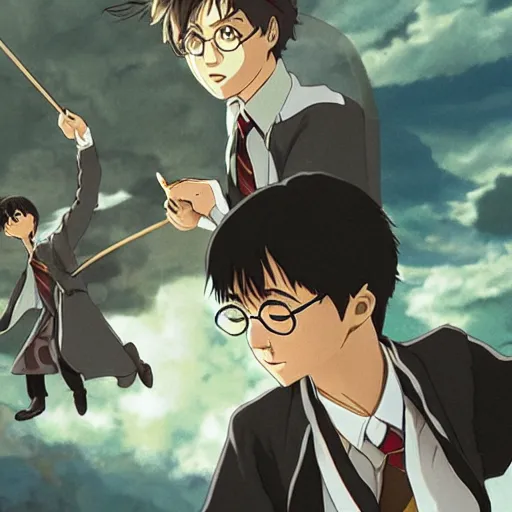 Prompt: film still of Harry potter Artwork by Dice Tsutsumi, Makoto Shinkai, Studio Ghibli