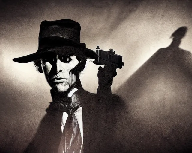 Image similar to a tall and mysterious man in black suit and black fedora hat and black shoes, he has a pistol!!, mysterious, 4 k, highly detailed, digital art, strong shadows, high contrast, epic scene, atmospheric, blue colours, old photo