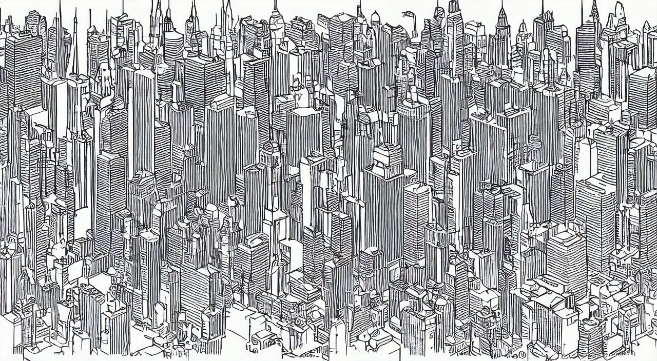 Image similar to manhattan as an axon drawing, in vector drawing style of charles williams