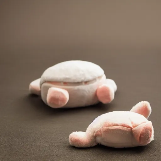 Prompt: a very soft stuffed animal in the shape of a crab, product photography