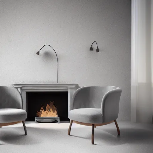 Image similar to two armchairs sitting in front of a cosy fireplace, modern home design interior, octane render, hyperrealistic, concrete archetecture, vray, volumetric lighting, cinema 4 d, unreal engine